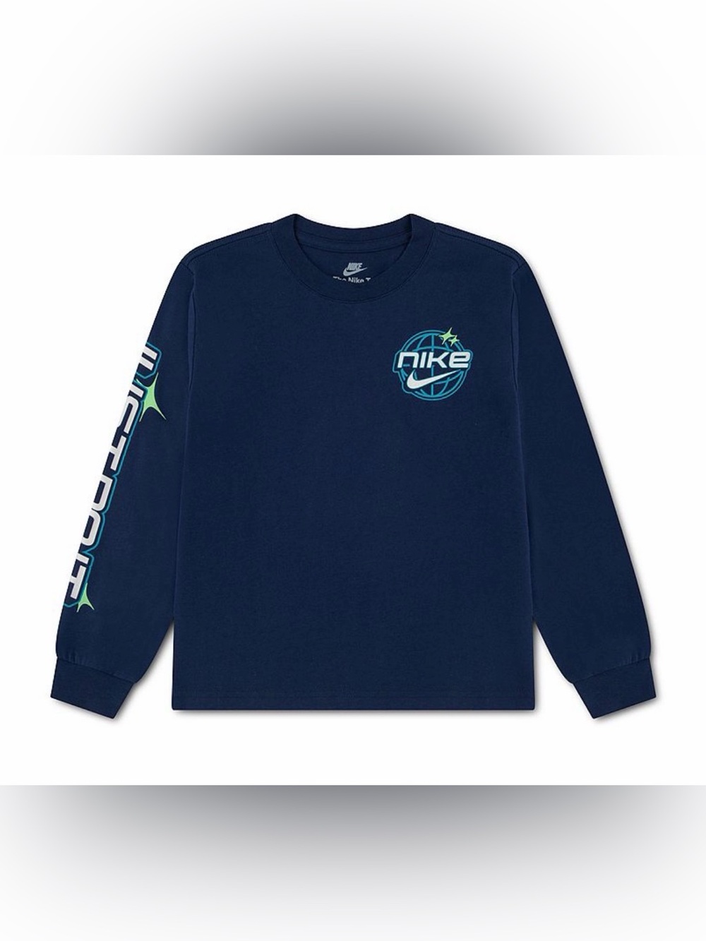 Nike boys Long-Sleeve Logo Tee in Navy with Teal Accents